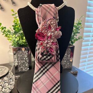 Pink Plaid Necktie with Floral Crystal Brooch